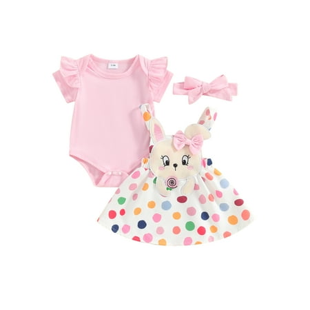 

Newborn Baby Girls Easter Outfit Short Sleeve Rompers Dot Print Bunny Dress Headband 3 Pcs Summer Clothes Set