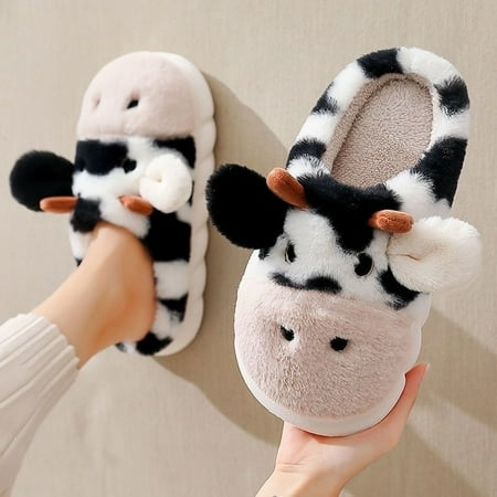 

PIKADINGNIS Cute Animal Slipper For Women Fashion Kawaii Fluffy Winter Warm Slipper Couples Cartoon Milk Cow House Slides Furry Funny Shoes