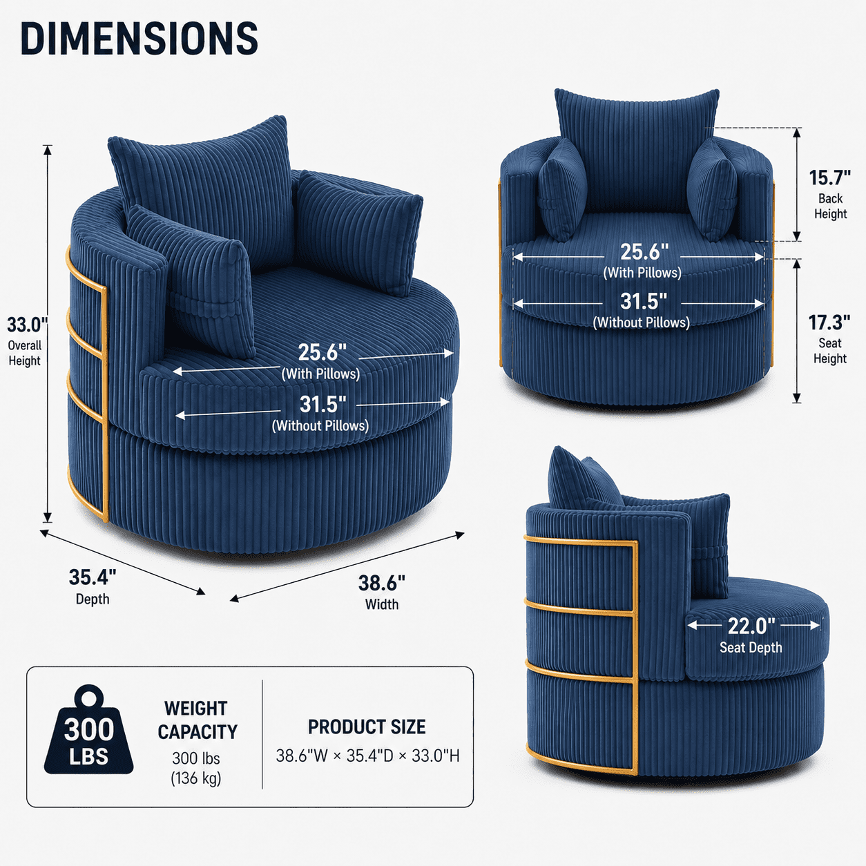 MOONMISS Swivel Barrel Accent Chair with Hidden Storage,Corduroy Round Single Sofa,Gold Metal Frame,for Living Room Reading Nook,Blue
