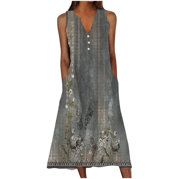 YABCSAZ Summer Dresses for Women 2025 Casual Loose Floral Boho Sundress V Neck Tank Dress Plus Size Flowy Midi Dresses Beach Sundress Sleeveless Dresses for Vacation