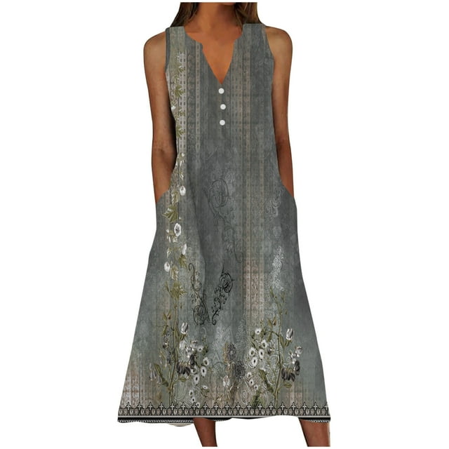 bbymog Robes pour Femmes Robes d'Été pour Femmes Imprimé Floral Col en V Sans Manches Robes Midi pour Femmes Décontractées Amples Amples Robe Fluide Grise
