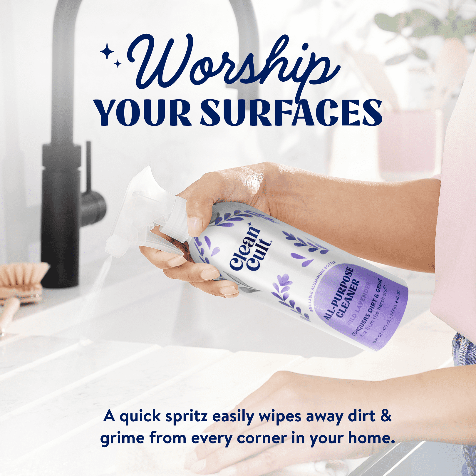 (2 pack) Cleancult All Purpose Cleaner, Refillable Aluminum Bottle, Lavender 16 fl oz