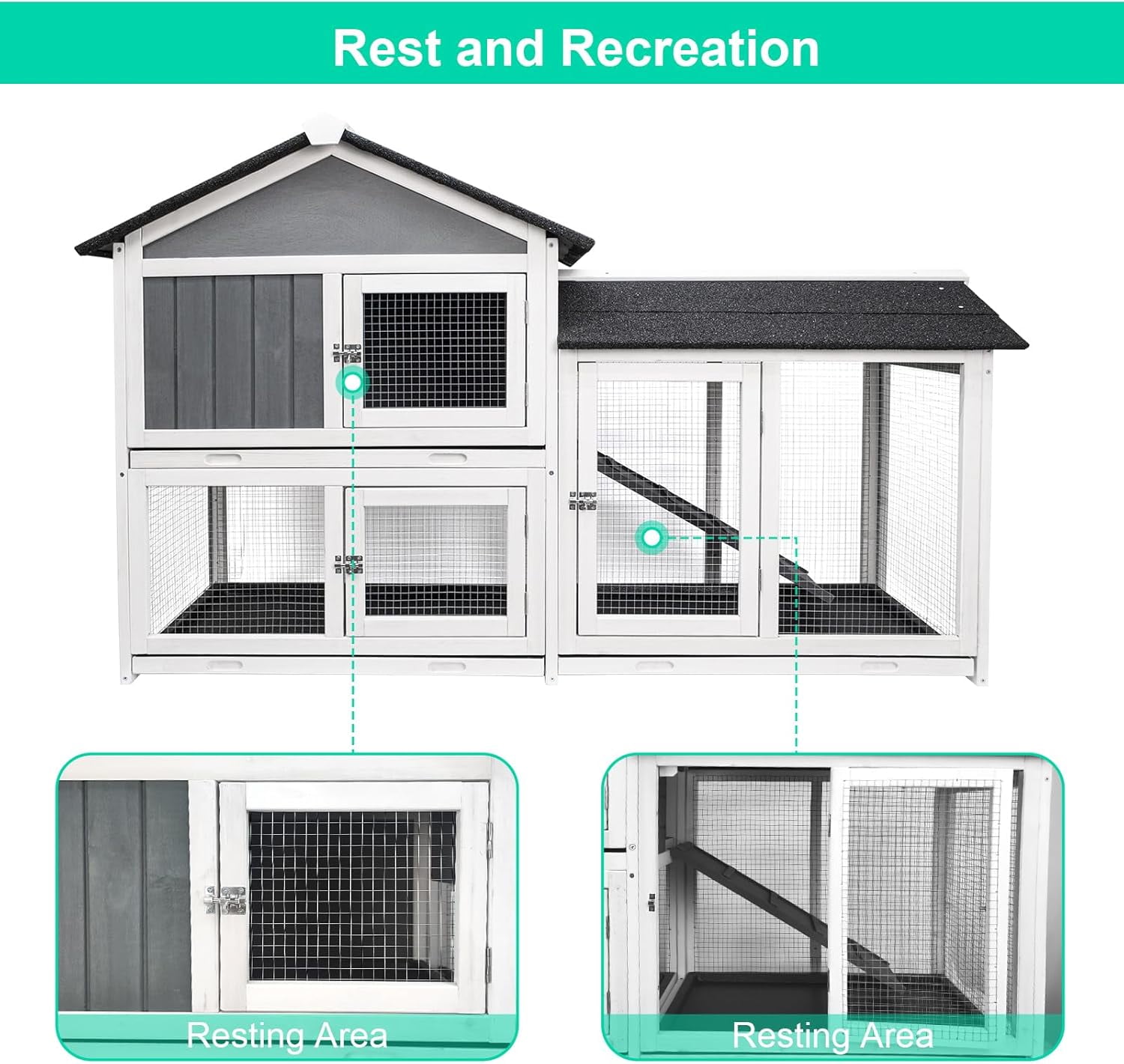 SZHLUX Upgraded 61''L Deluxe Multi-Level Rabbit Hutch with Pull Out Tray, Ramp, Lockable Doors,Wooden Small Animal House,Outdoor or Indoor,Gray+White (Gray+White)