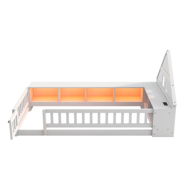 Twin Size Wood Floor Bed with Guardrail & Small Door, House-Shaped Bookcase Headboard Kids Platform Storage Bed with LED & Outlet