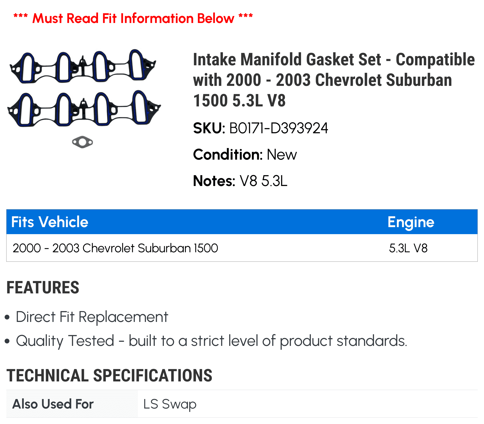 Intake Manifold Gasket Set - Compatible with 2000 - 2003 Chevy Suburban 1500 5.3L V8 2001 2002