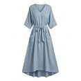 thumbnail image 2 of QUNYINEY Summer Dresses for Women Long Blue 3/4 Sleeve Cotton Linen A Line Dress with Pockets Casual V Neck Loose Fit Dresses, 2 of 4