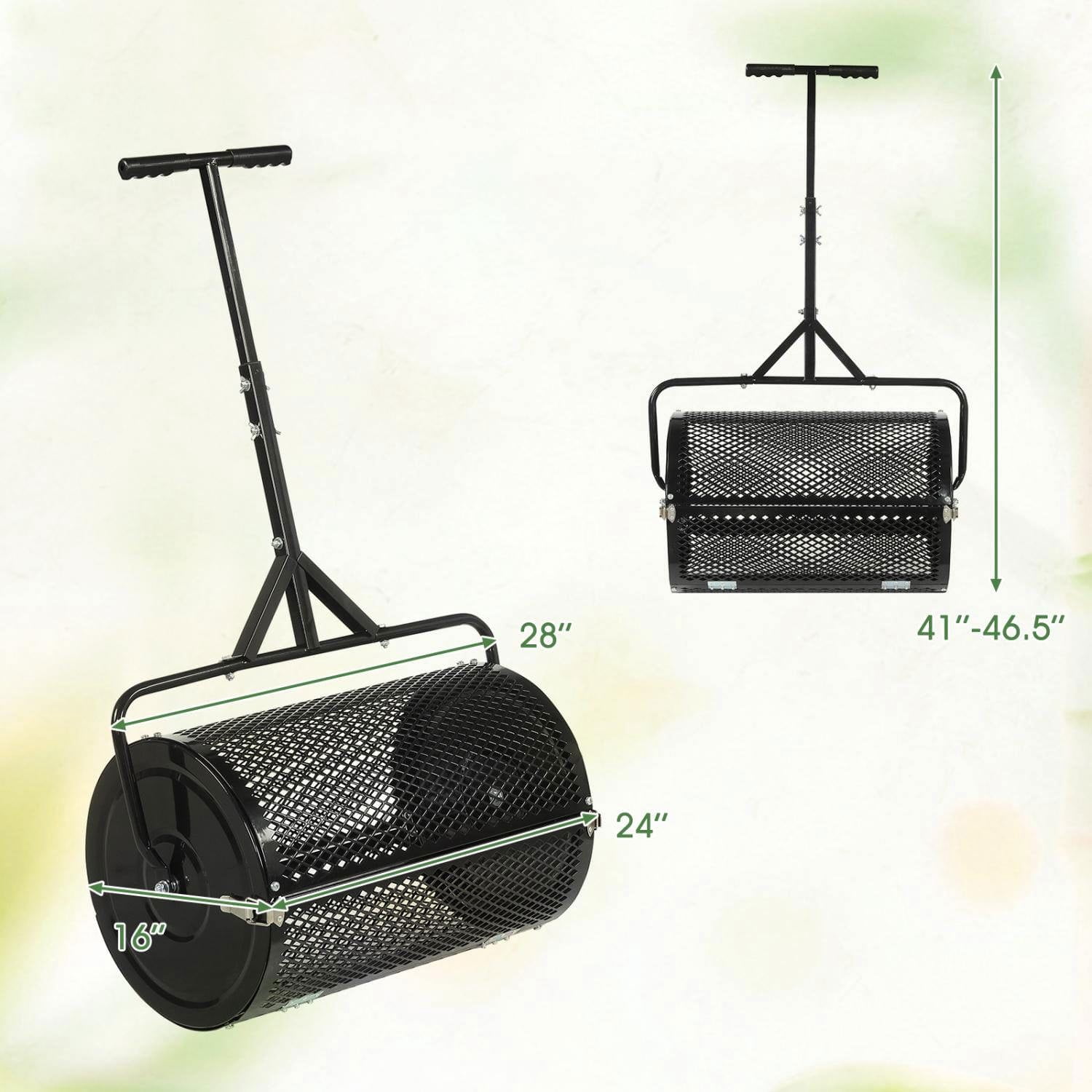 Resenkos 24 Inch Compost Spreader Roller with Adjustable T Shaped Handle, 2.7 Cu.Ft Lawn Topdressing Peat Moss Spreader for Garden and Yard, Black