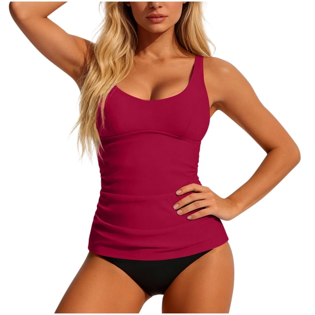 Conjunto de Bikini de Cintura Alta para Mujeres Traje de Baño Tankini de Correa de Color Sólido con Sujetadores Acolchados Extraíbles, Nylon + Spandex, Alto Corte Delgado