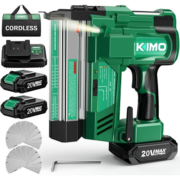 KIMO 18 Gauge Nail Gun Battery Powered w/ 2 X 2.0Ah Battery,1000pcs Nails and Staples, 2 IN 1 Cordless Brad Nailer and Stapler, 2 Firing Modes, 180 Nails/min, Adjustable Nailing Depth for DIY Project