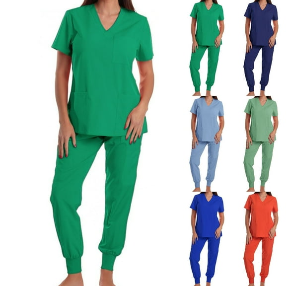 Kilaqueen Scrubs for Women Medical Stretchy Regular Fitness V-Neck Scrub Top Jogger Pant with Pockets Solid Color Short Sleeve Nursing Uniform Set