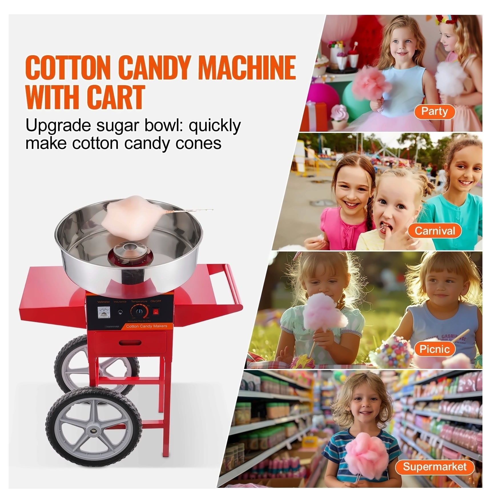 Cotton Candy Machine Commercial, 1000W Electric Candy Floss Maker Cart with Stainless Steel Bowl, Sugar Scoop, Red - for Parties & Events