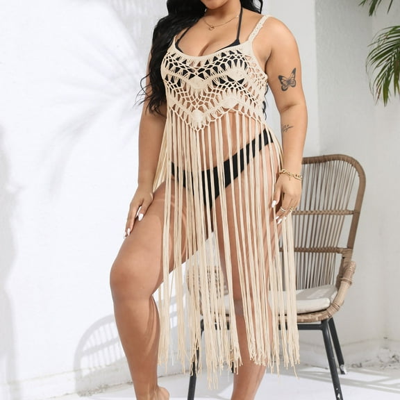 Aloohaidyvio Plus Size Crochet Cover Up for Women Sleeveless Beachwear Swimwear Fringe Trim Crochet Kimono Cover Up