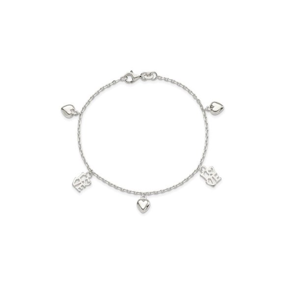 Gem & Harmony Sterling Silver Heart and Love Charm Bracelet (7.5 inches) for Women