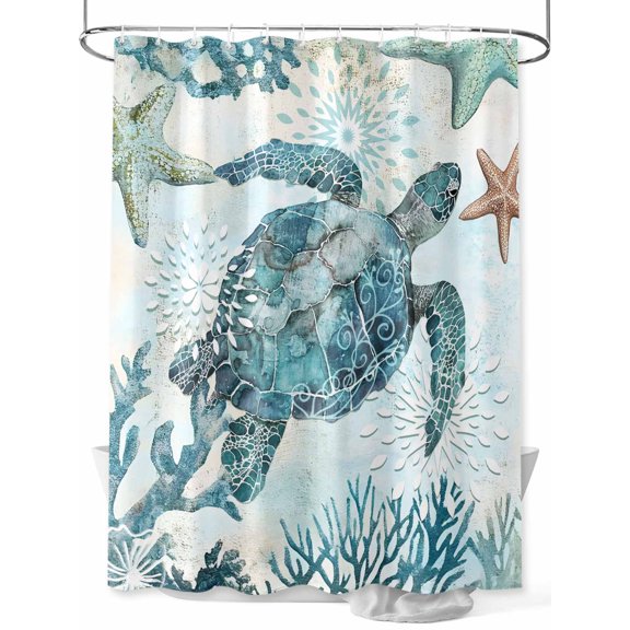 Blue Ocean Shower Curtain, Sea Turtle Coral Starfish Retro Waterproof Shower Curtain Set with 12 Hooks Lightweight Washable Fabric Shower Curtains for Bathroom 36x72 Inches