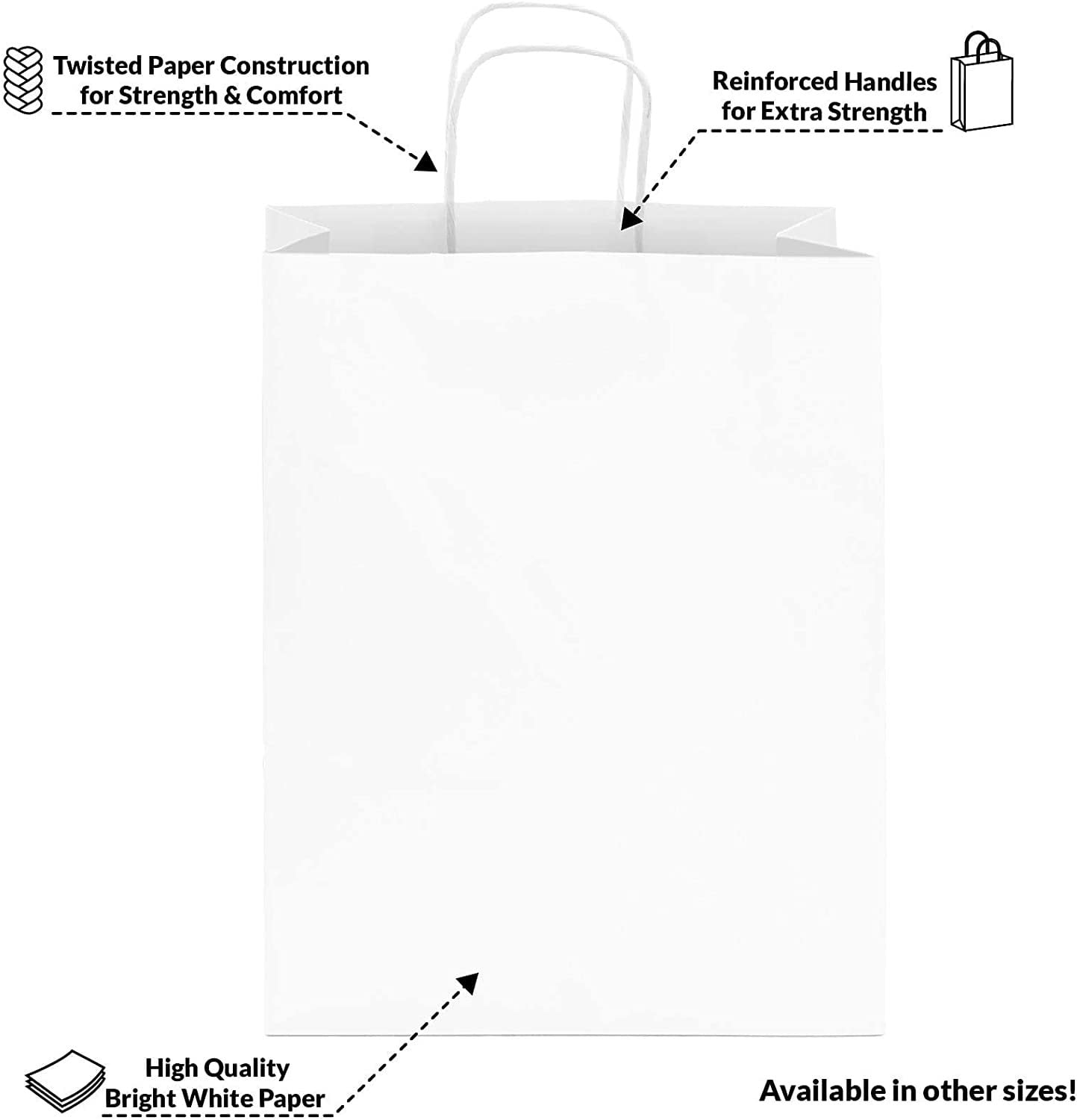 Prime Line Packaging White Gift Bags, Medium Gift Bags Bulk, Paper Bags with Handles 10x5x13 100 Pack