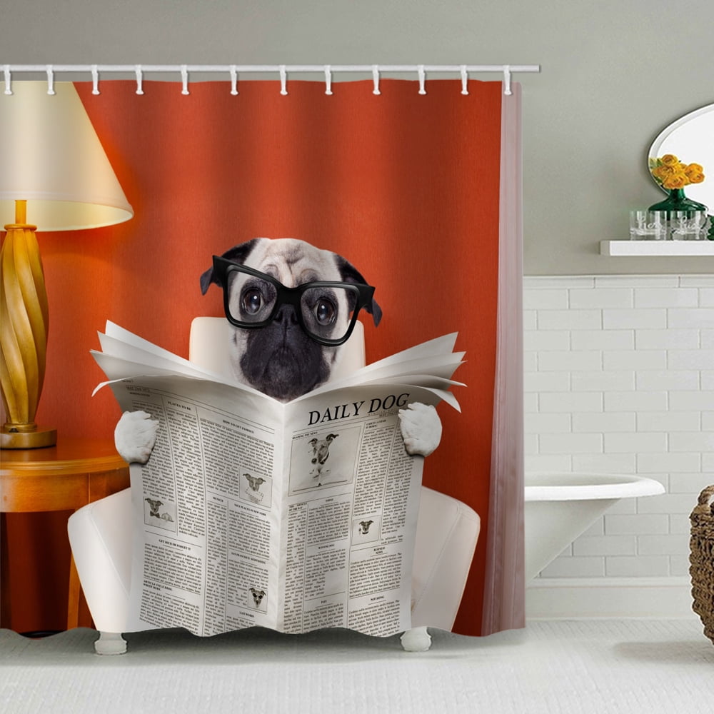 Dog Shower Curtain Set Pet Funny Serious Pup Reading Newspapers Black Glasses Desk Lamp Bathroom