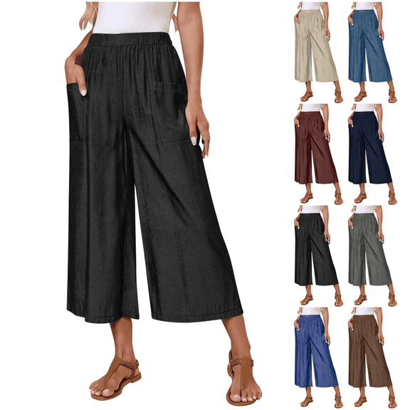 Summer Womens Wide-Leg Capri Pants Loose Fit Elastic Waist Casual Business Pants Work Lounge Trousers for Women With Pockets Size S-2XL