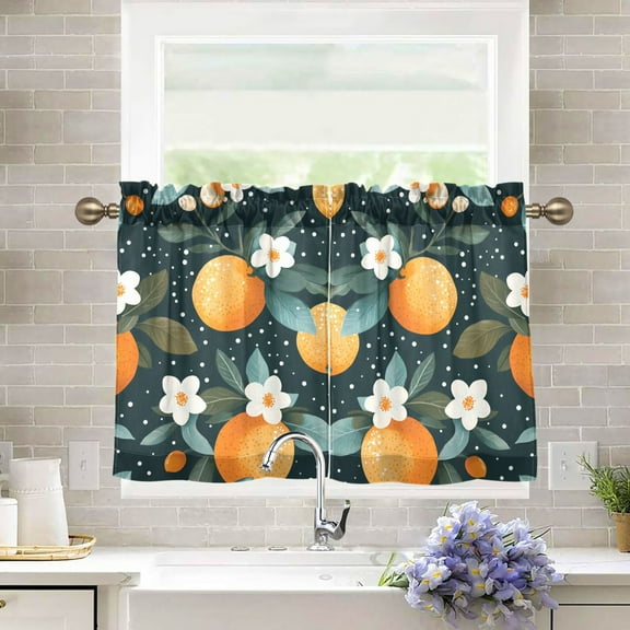 Yayeee Kitchen Curtains Tier Pair Light Filtering 27"x36" Rod Pocket Short Cafe Window Panel, Green Oranges