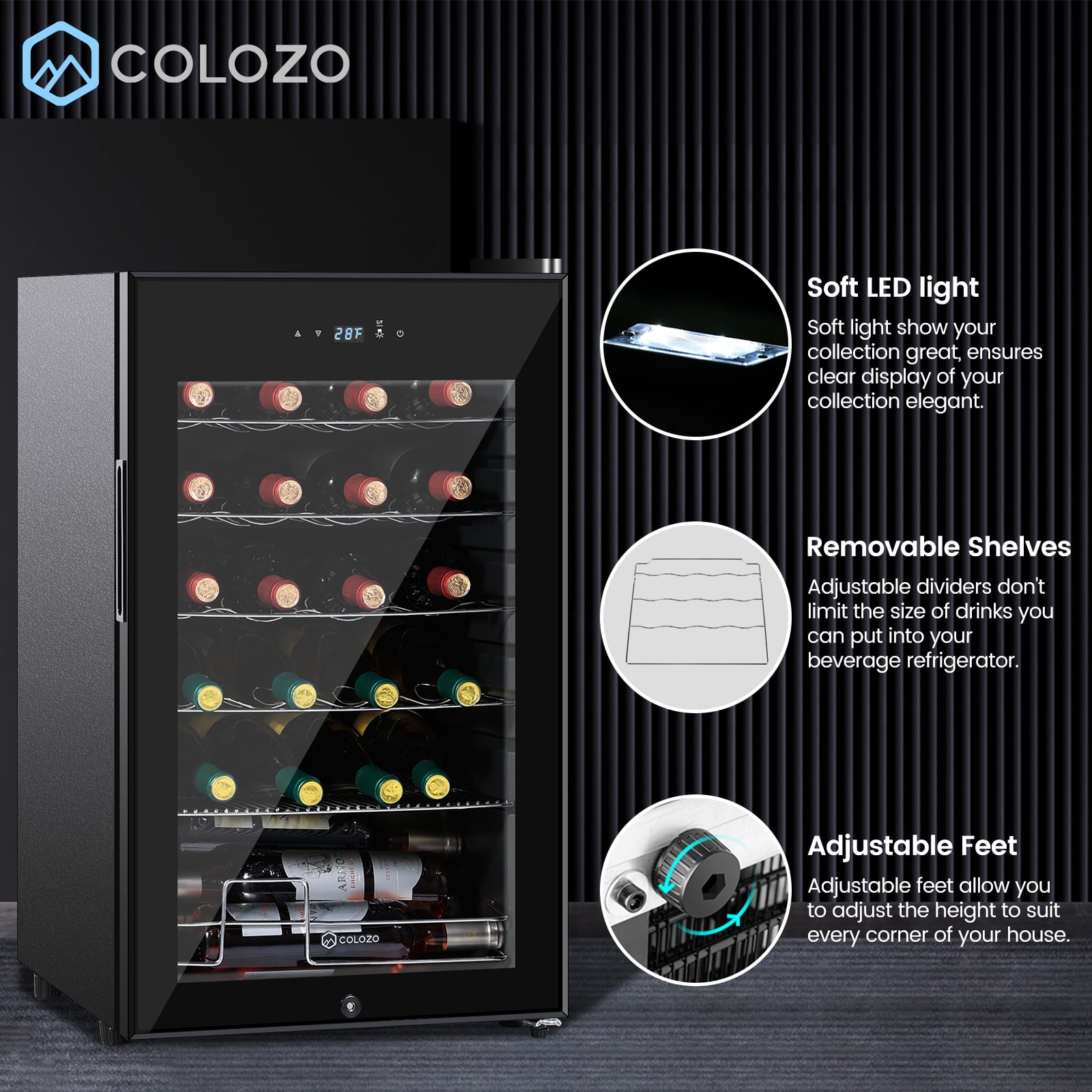 Colozo 17 Inch Wine Fridge Cooler, Under Counter Beverage Refrigerator Cooler with Adjustable Shelves