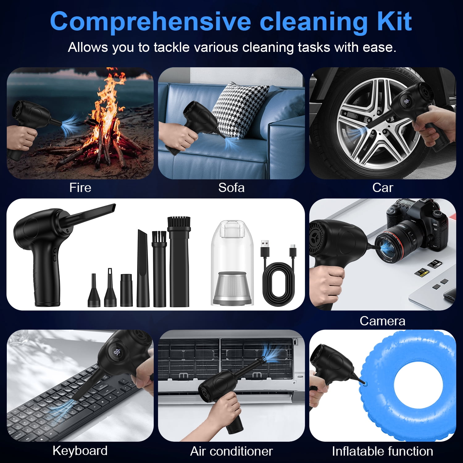 Compressed Air Duster Cordless Handheld Vacuum,AILKIN 6000mAh with LED Light 3-Gear Speed Air Blower Electric Air Duster Cleaner for Computer Keyboard Cleaning,Car,Electronics,Pet Hair,Office