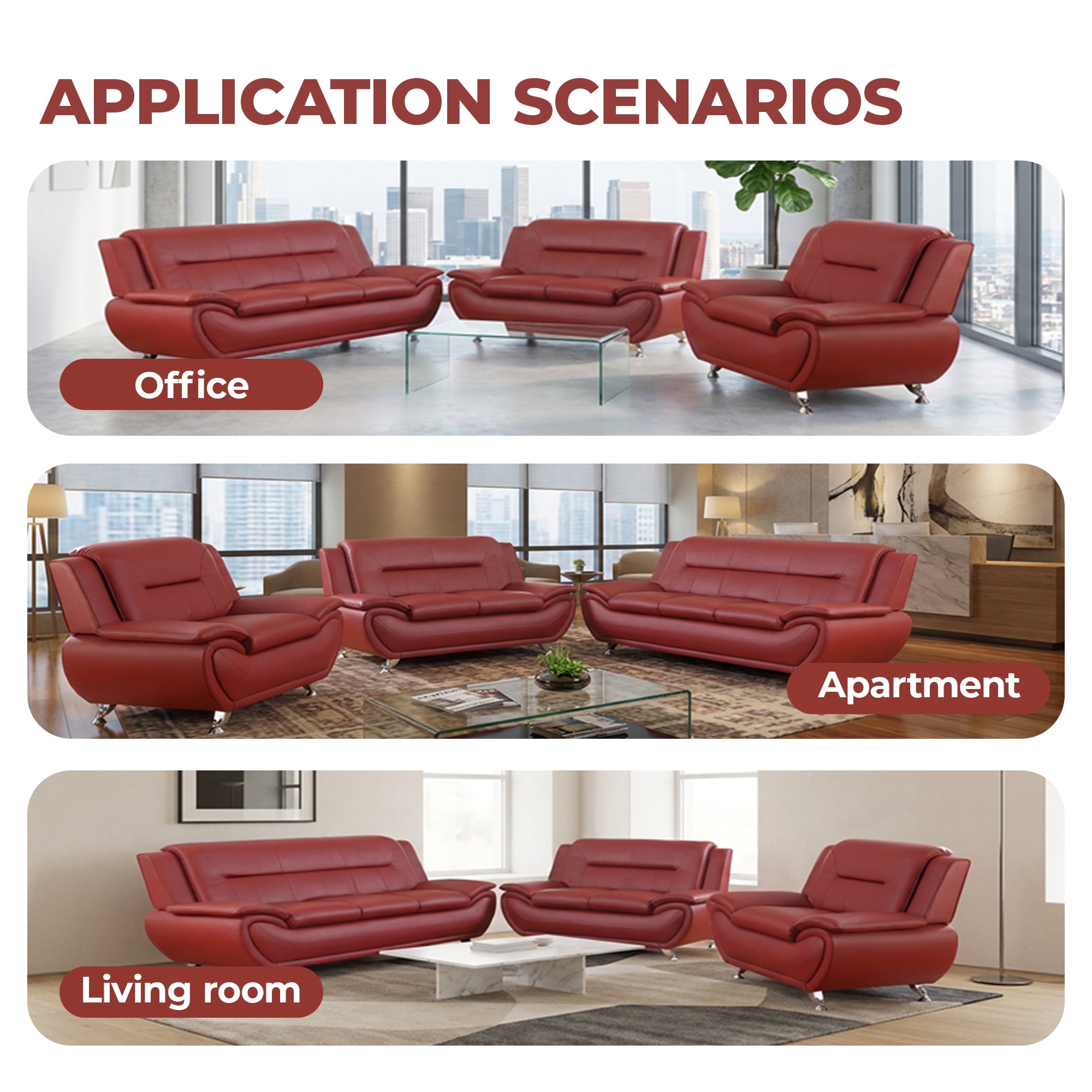 Alvantor 3 Piece Sofa Set - Upholstered Leather Sofa Deep Seat Couch for Small Spaces, Living Room Orange
