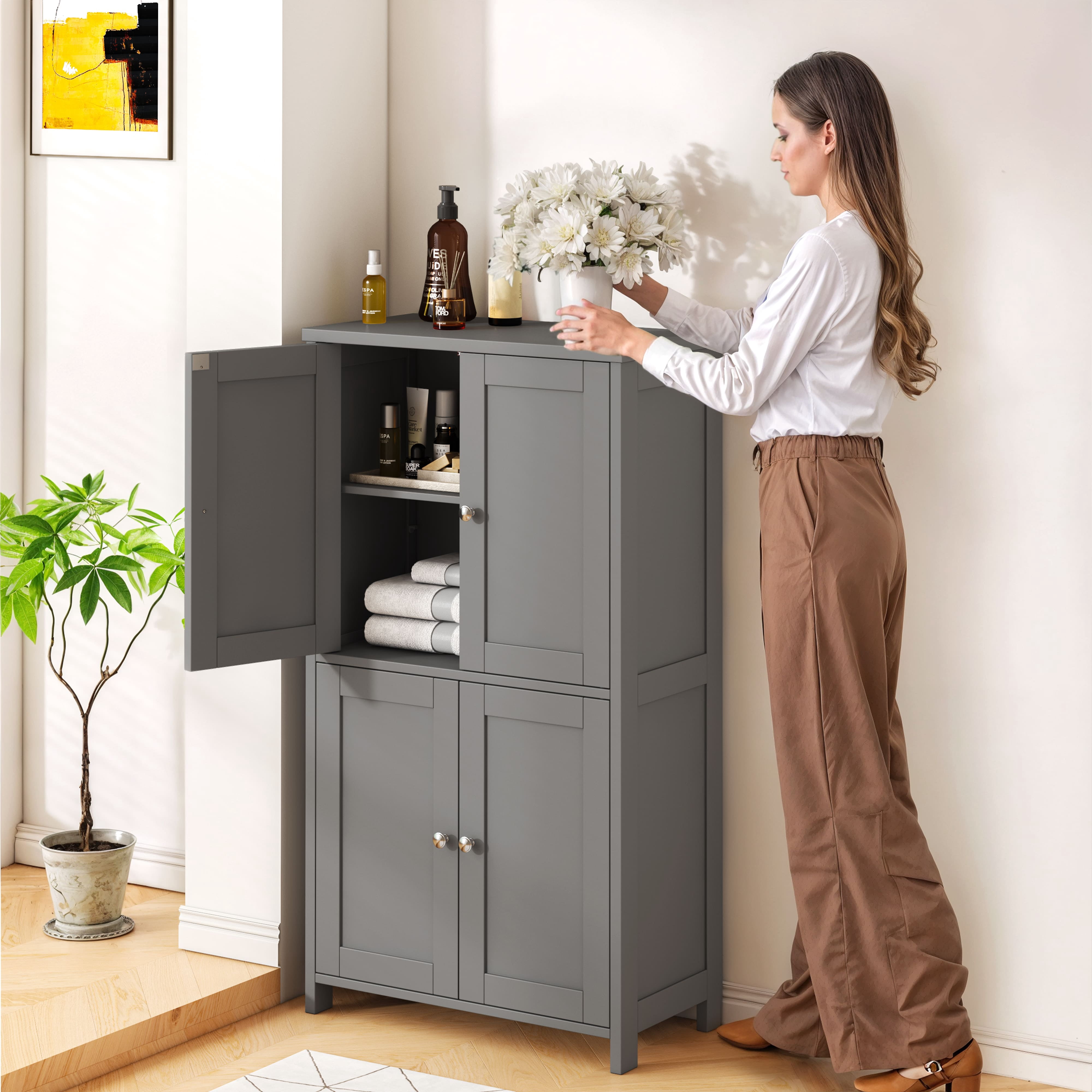 Bathroom Storage Floor Cabinet Organizer with Adjustable Shelf 4 Magnetic Doors 43" Wooden Pantry Cabinet Freestanding for Kitchen Living Room Small Spaces,Gray