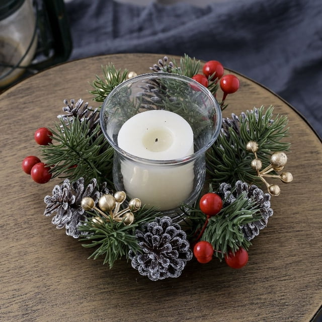 Xihbxyly Candelabro Navideño, Guirnalda de Flores Rojas de Plástico, Colgante de Aro Rojo Dorado, Decoración Navideña para Puertas y Ventanas, Adorno para Árbol de Navidad, Fácil de Colgar, Tamaño 20