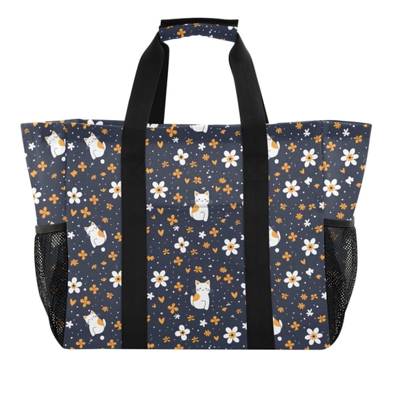 Cartoon Cat and Flower Reusable Grocery Bags with Handle Side Pocket Waterproof Shopping Portable Tote
