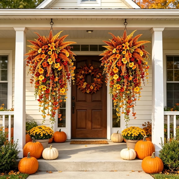 2 Pack Fall Teardrop Hanging Swag 30 Inch, Artificial Flower with Morning Glory & Fern, Thanksgiving Decorations for Farmhouse Front Door Porch Wall
