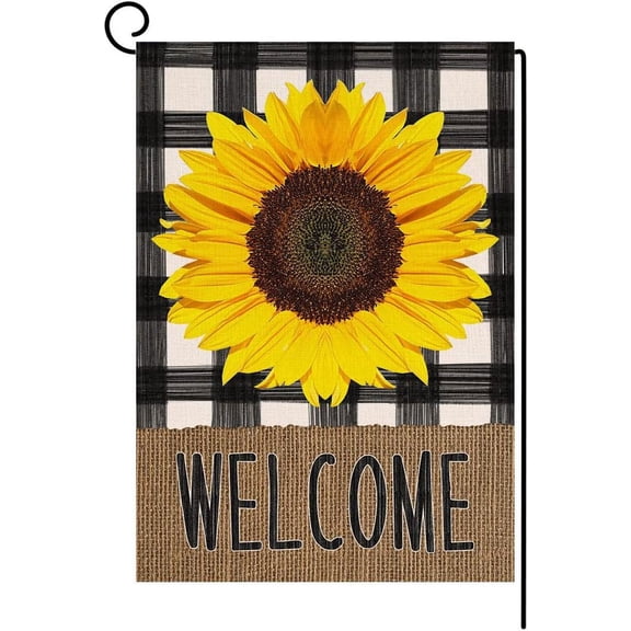 Shmbada Welcome Spring Summer Sunflower Garden Flag 12x18 Vertical Double Sided Buffalo Floral Welcome Farmhouse Outdoor Decorations Burlap Yard Flag