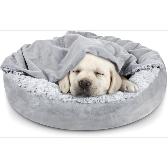 23" Hooded Dog Cave Bed, Calming Anti-Anxiety Pet Cuddler, Machine Washable