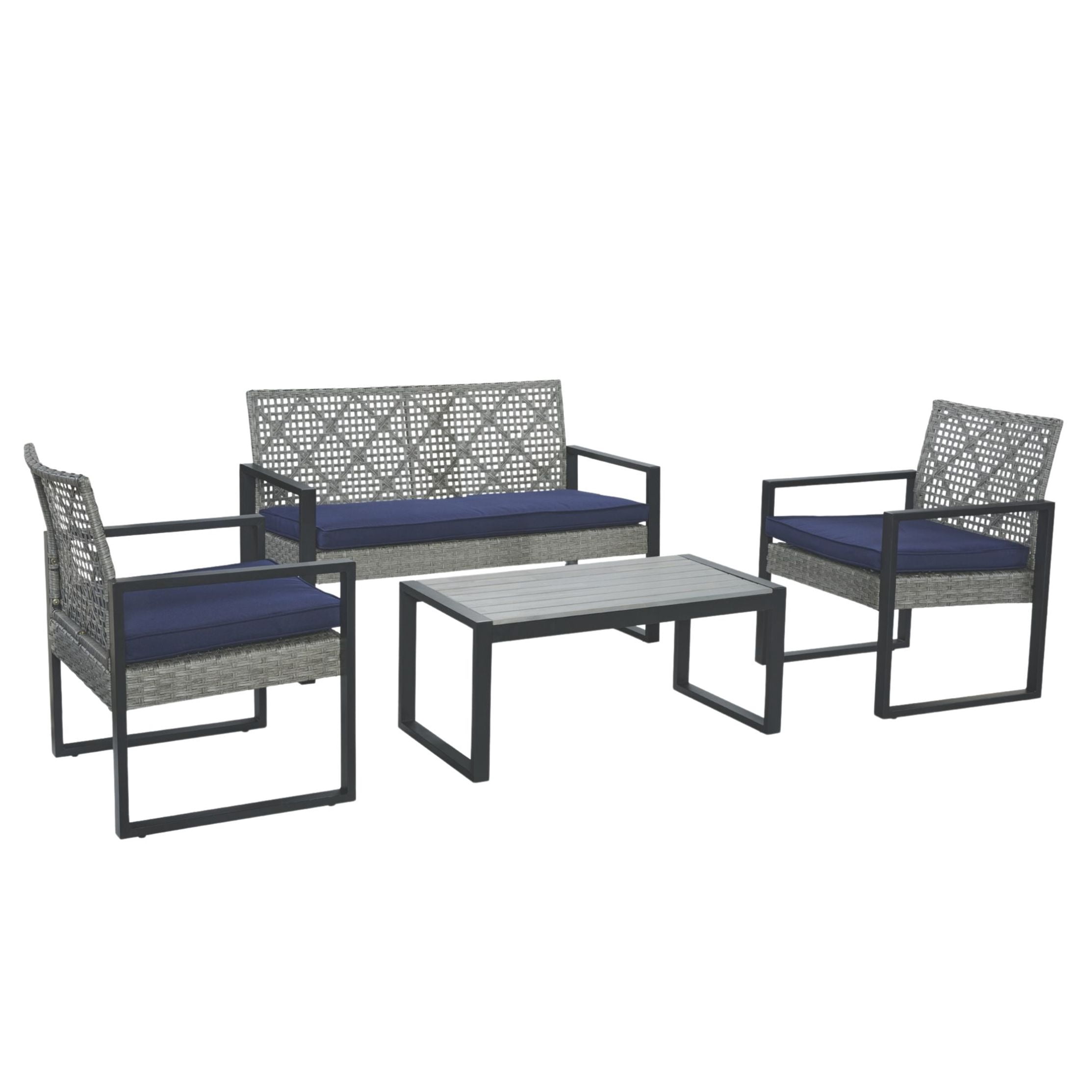 Noble House 4-Piece Patio Furniture Set, Acacia Wood & Rattan Outdoor Conversation Set, Black & Light Gray