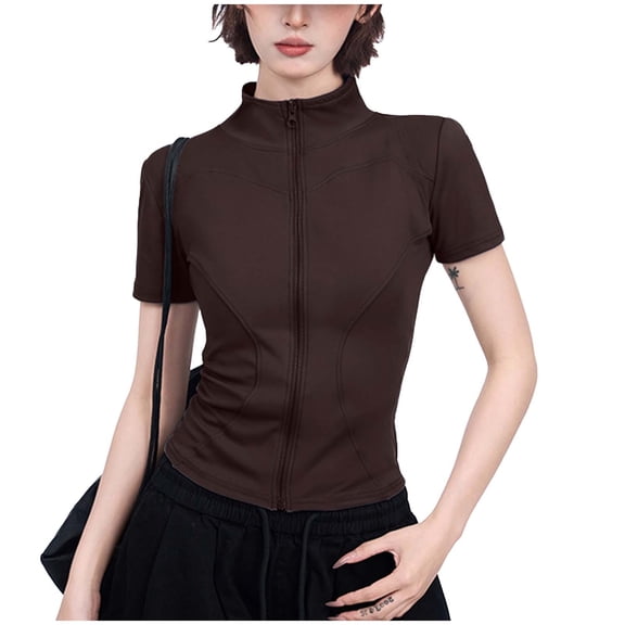 Womens Tops, Women's Workout Jacket Slim Fitness Casual Short Sleeve Sports Coat Yoga Tops Full Zipper Stand Collar Fitness Shirts Coffee L
