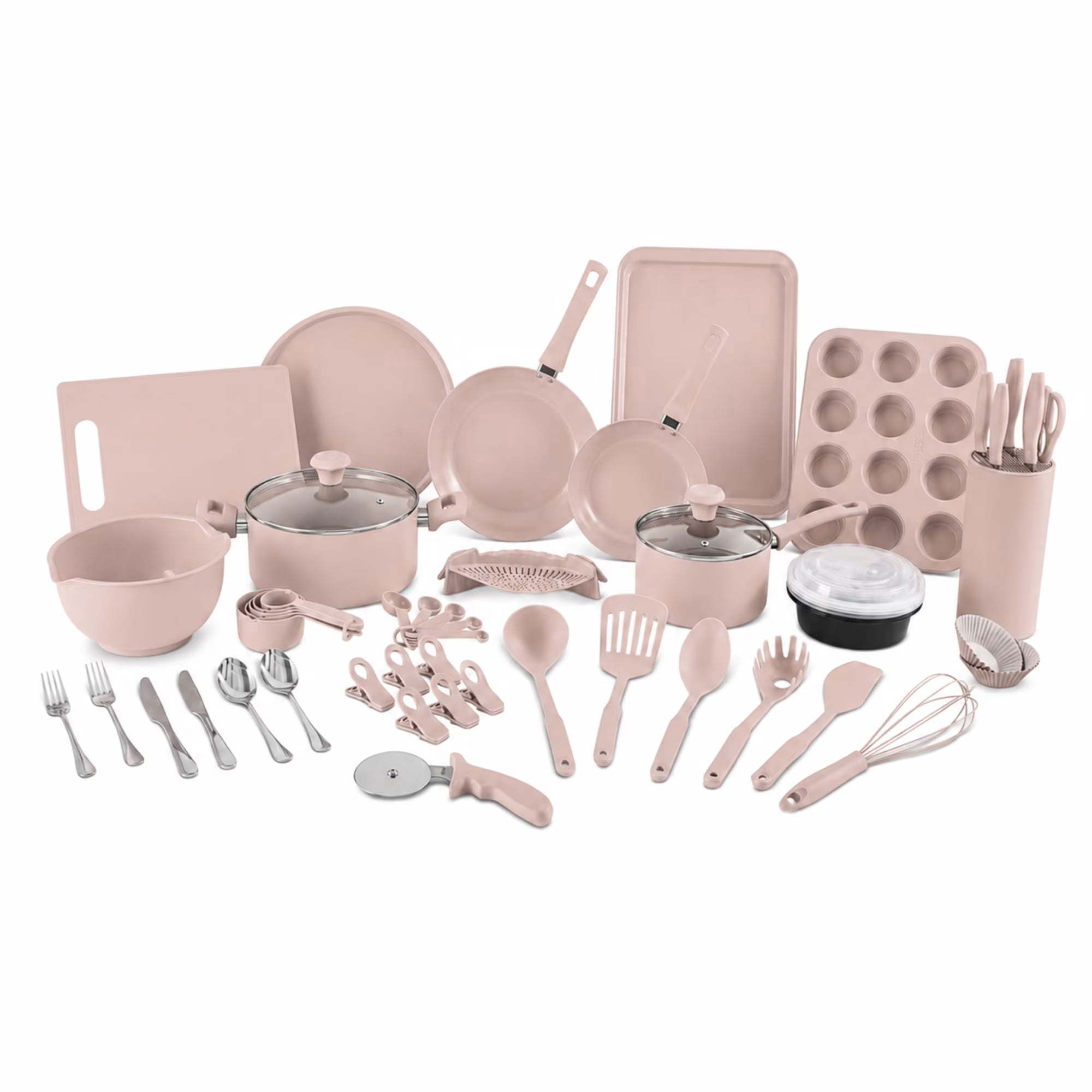 Elements by Thyme & Table 60-Piece Ceramic Non-Stick Cookware Set - Dusty Rose
