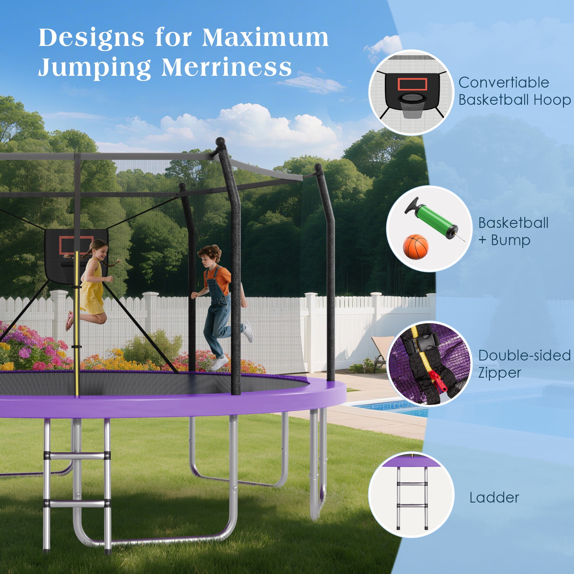 EUROCO 16FT Trampoline for 5-6 Kids and Adults with Lights, Basketball Hoop, Enclosure Net & Ladder, Outdoor Round Trampoline, Easy to Assemble