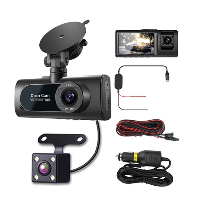 Scienceny Cámara de salpicadero ABS Full HD para coche, pantalla de 2 pulgadas, lente Triple delantera trasera interior con Sensor G, grabación Cámaras de salpicadero de coche