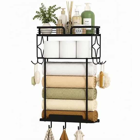 TeSabMi Wall Mounted Towel Rack for Bathroom with Shelf, Toilet Paper Storage & Hooks, 23.8-Inch Metal Organizer for Small Bathrooms, Black