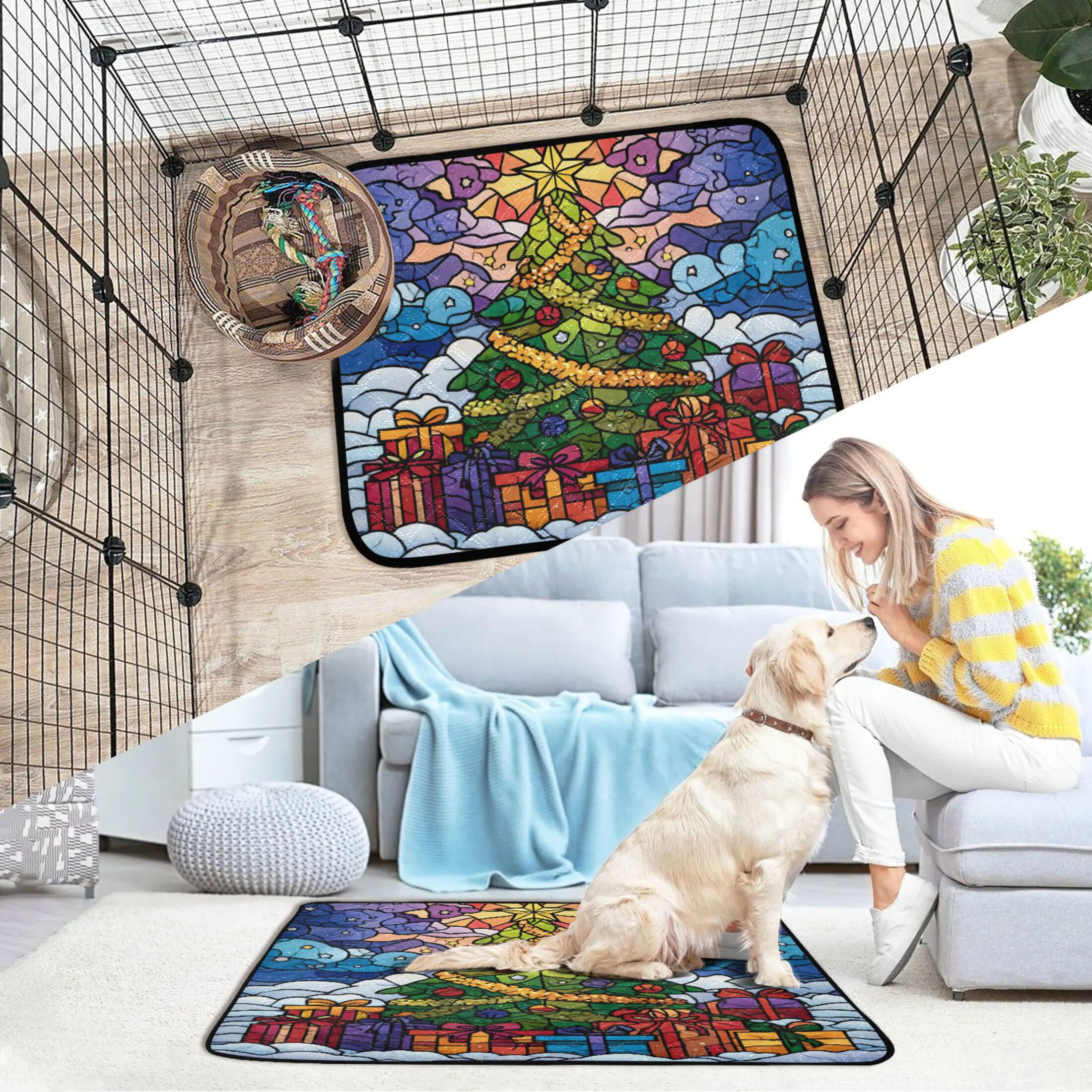 Qxltty Stained Glass Christmas Tree Cat litter Pads Pet Set of 2 Diaper Mats Center Anti-leakage Layer Absorbent Soft and Comfortable