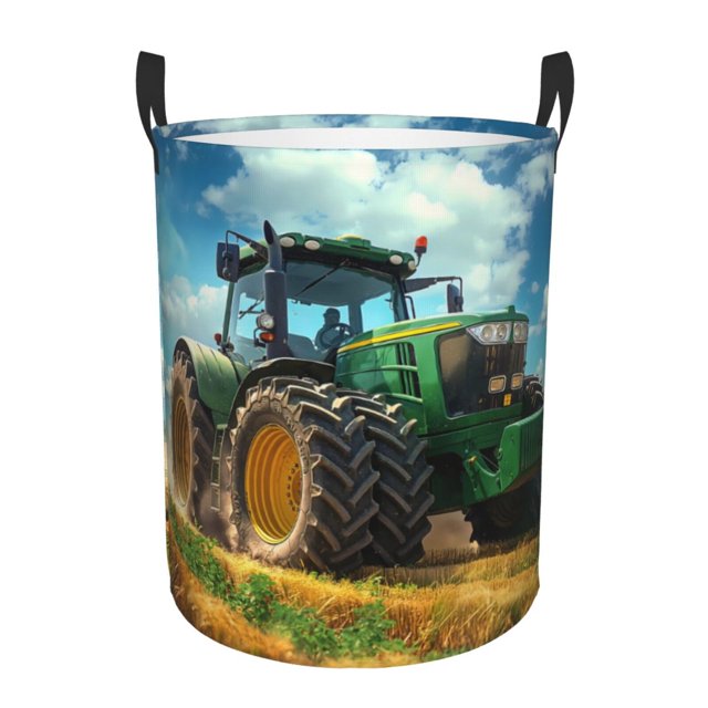 Balery Green Tractor Field Cesta de ropa redonda con asas, impermeable, independiente, para ropa, juguetes, dormitorio y familia-Small