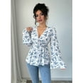 thumbnail image 2 of Women'S Floral Print Blouse Long Sleeve Babydoll Shirt Deep V Neck Peplum Top Blue S, 2 of 7
