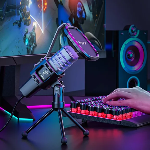 TONOR RGB USB Microphone, Cardioid Condenser Computer PC Mic with Tripod Stand, Pop Filter, TC30S