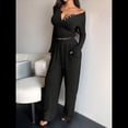 thumbnail image 4 of Conjuntos de Dos Piezas de Otoño para Mujer, Camiseta de Larga con Cuello en V y Pantalones Anchos, Conjuntos de Chándal Informal. Negro L, 4 of 8
