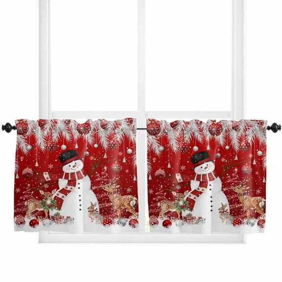 Snowman Christmas Red Kitchen Curtain 2 Panels Tiers Curtains 36 Inch Length, Xmas Elk Snowflake Tree Leaves Funny Curtains Rod Pocket Curtains Window Drapes Treatment Window Cafe Curtains