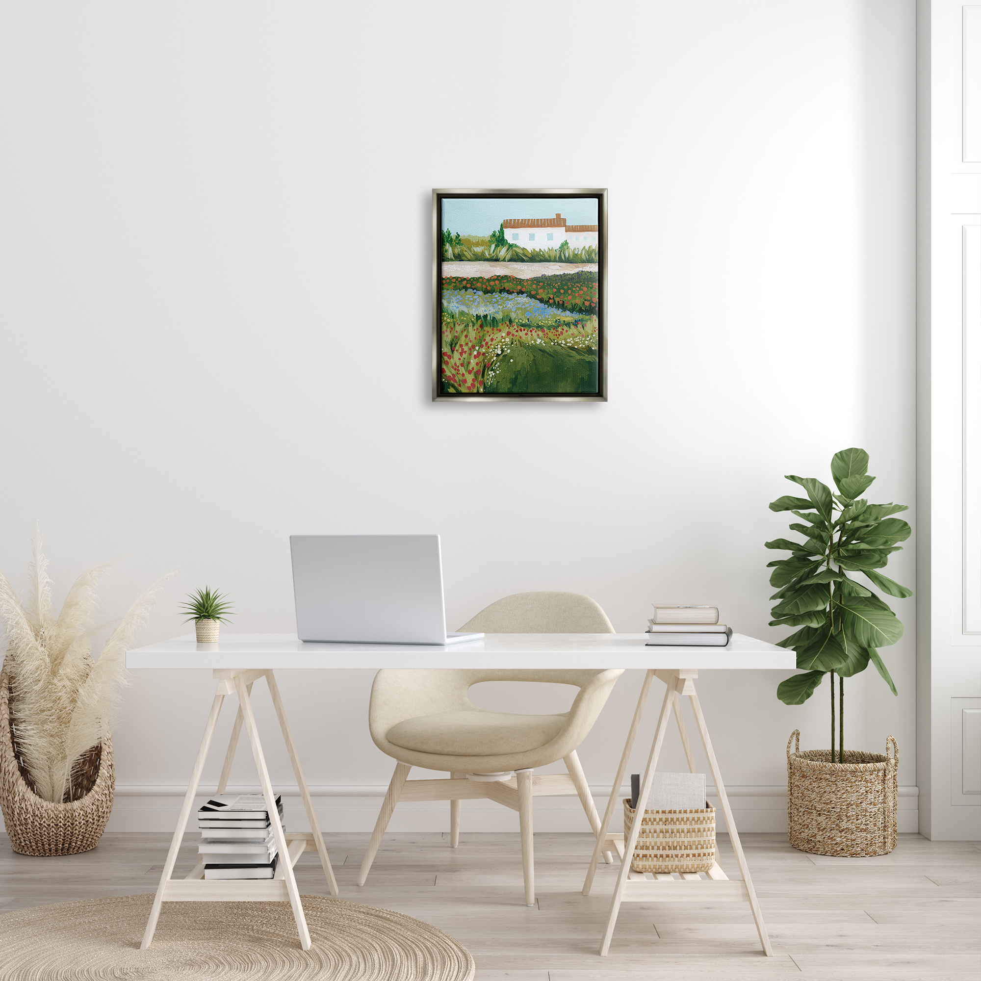Stupell Country Cottage Meadow Road Landscape Painting Gray Floater Framed Art Print Wall Art