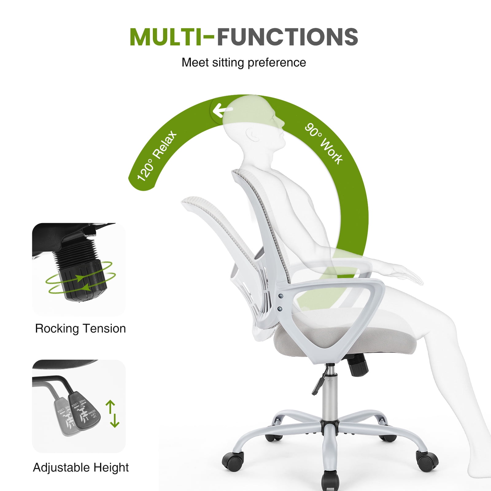 GIANNA Office Chair, Ergonomic Home Mesh Office Desk Chairs, with Armrests, Wheels and Mid-Back Task Chair with Lumbar Support，Gray
