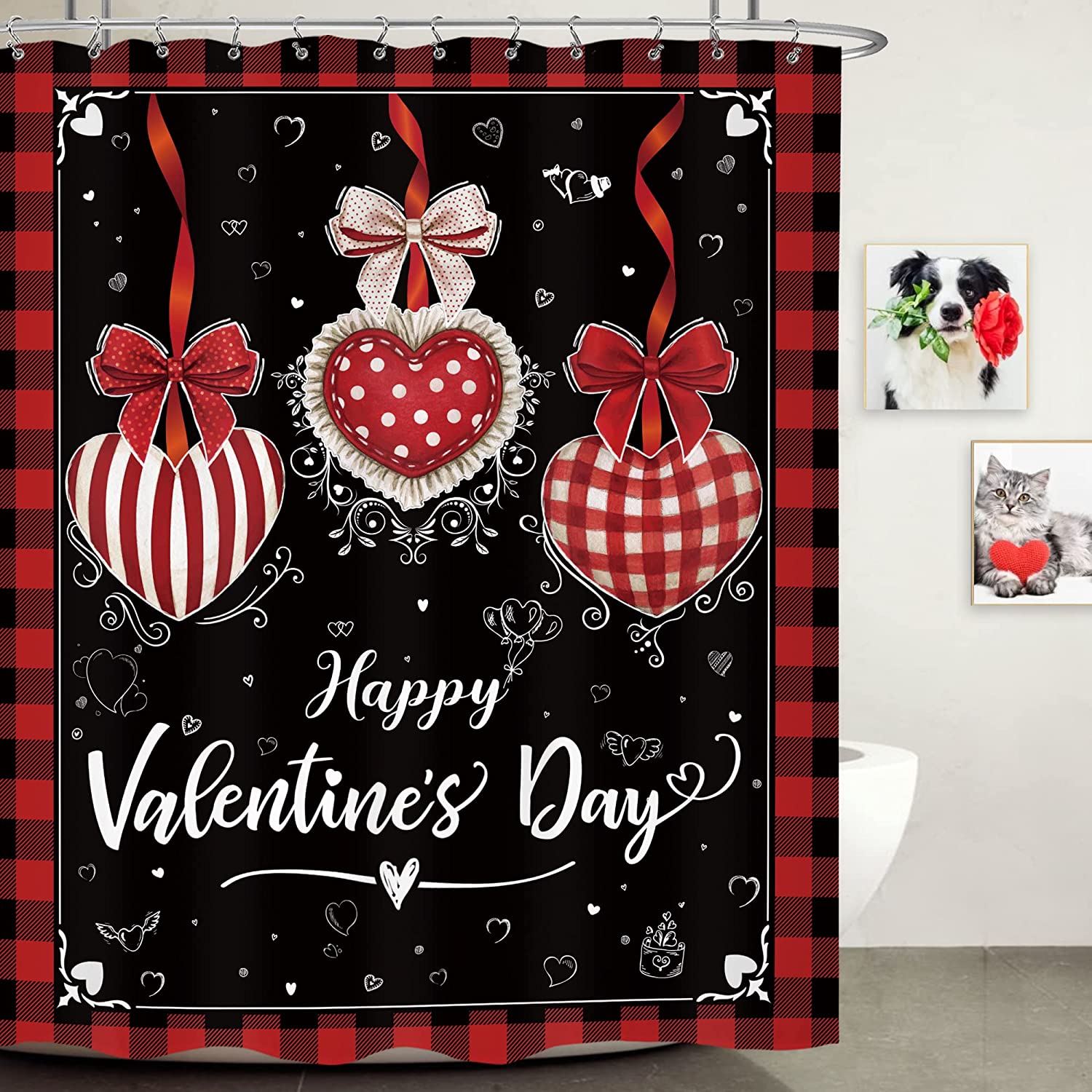 Happy Valentine's Shower Curtain，Buffalo Plaid Rustic Farmhouse Home