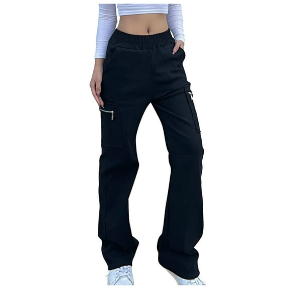 WREESH Womens High Waisted Cargo Pants Fashion Casual Comfortable Solid Color Zipper Pocket Full Length Pants Black