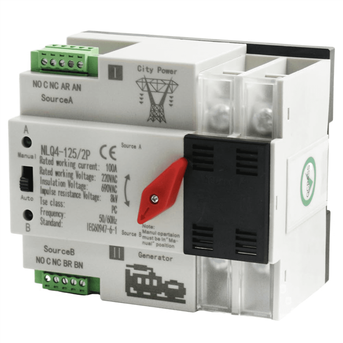 Automatic Transfer Switch 2P 100A Din Rail Mount Dual Power Switch for Generators Electrical Selection Switch NLQ4-2P