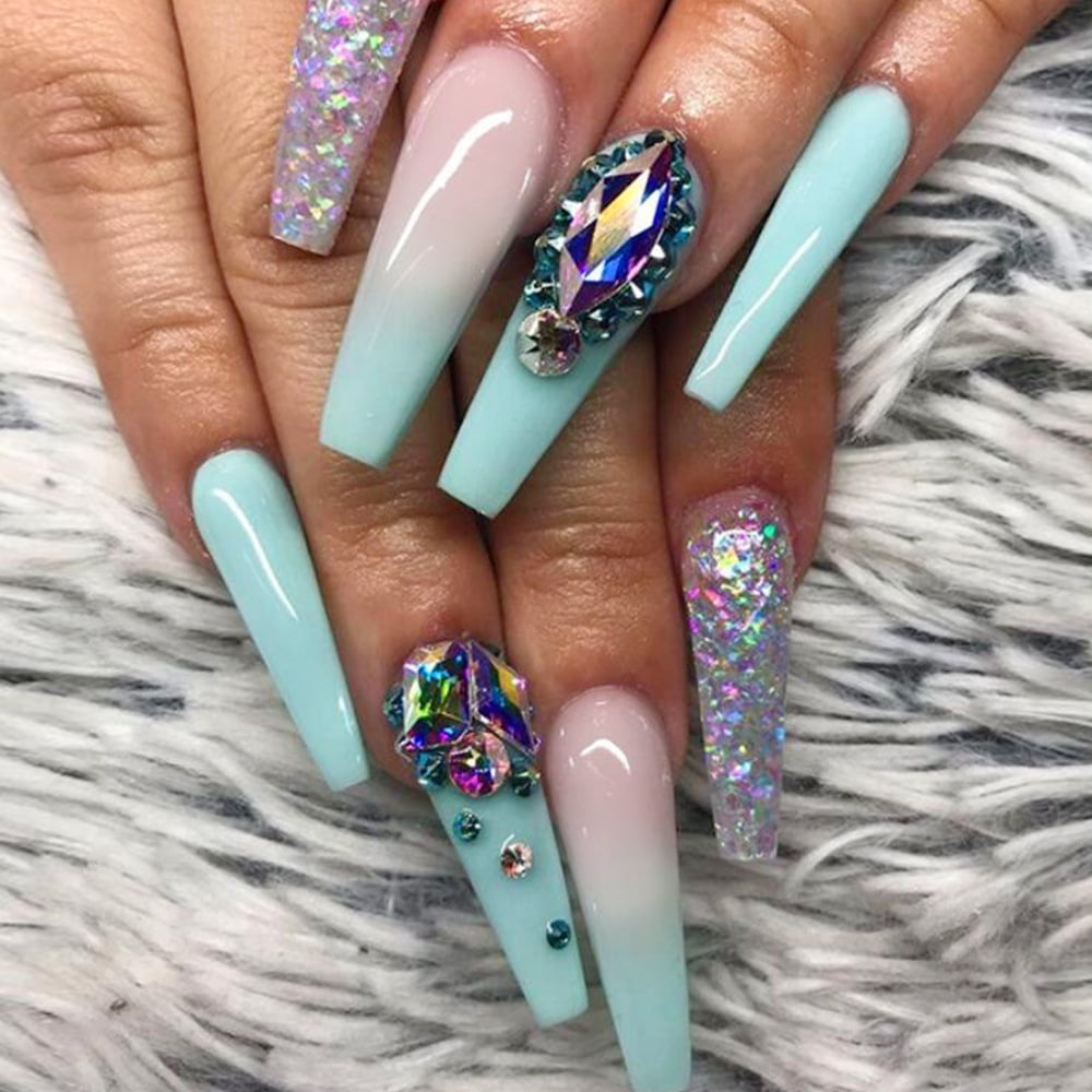 Fofosbeauty 24pcs Press on False Nails, Long Coffin Fake Nails, Tiffany Big  Diamonds - Walmart.com