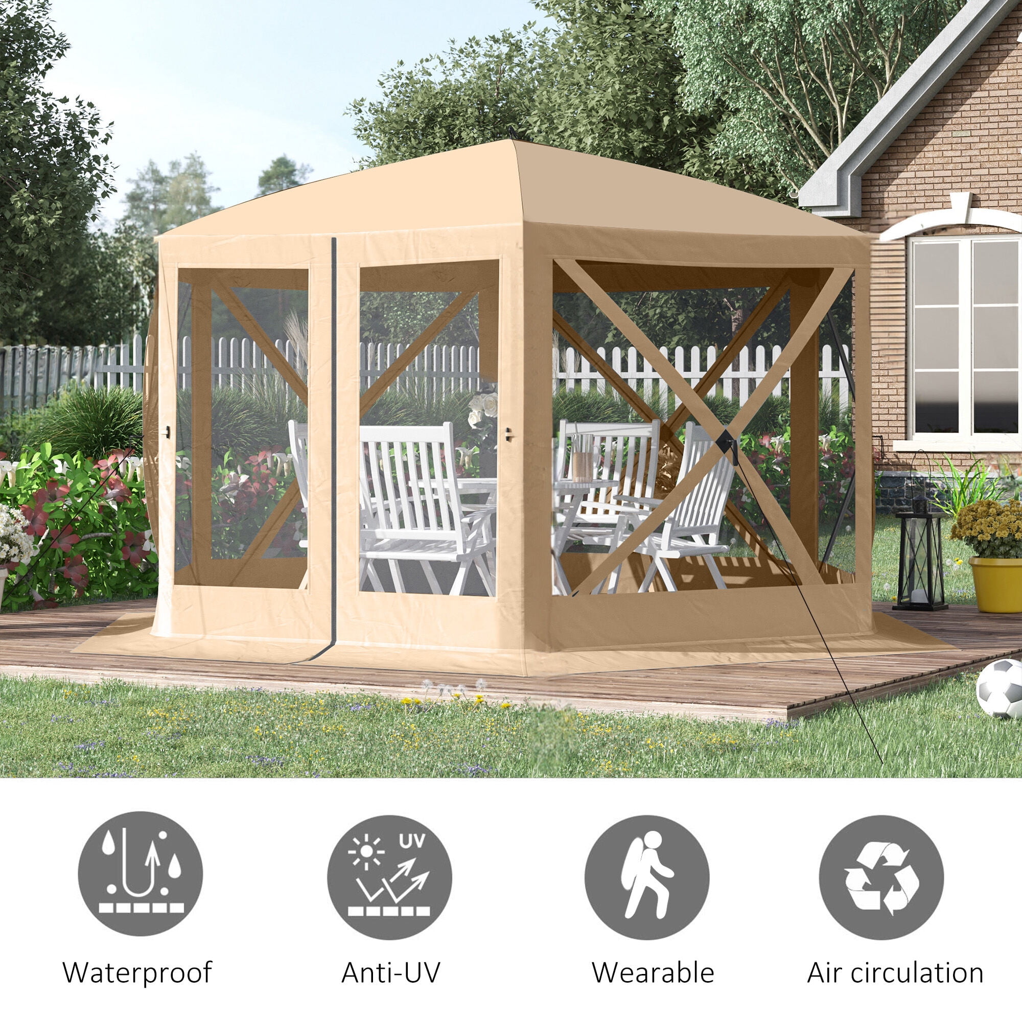 Outdoor Grill, 12' x 12' Hexagon Screen House, Pop Up Tent Portable Gazebo Canopy Shelter with Mesh Netting Walls, Carry Bag and Shaded Interior, Beige, Beige BBQ Grill,Polyester Tabletop Grill